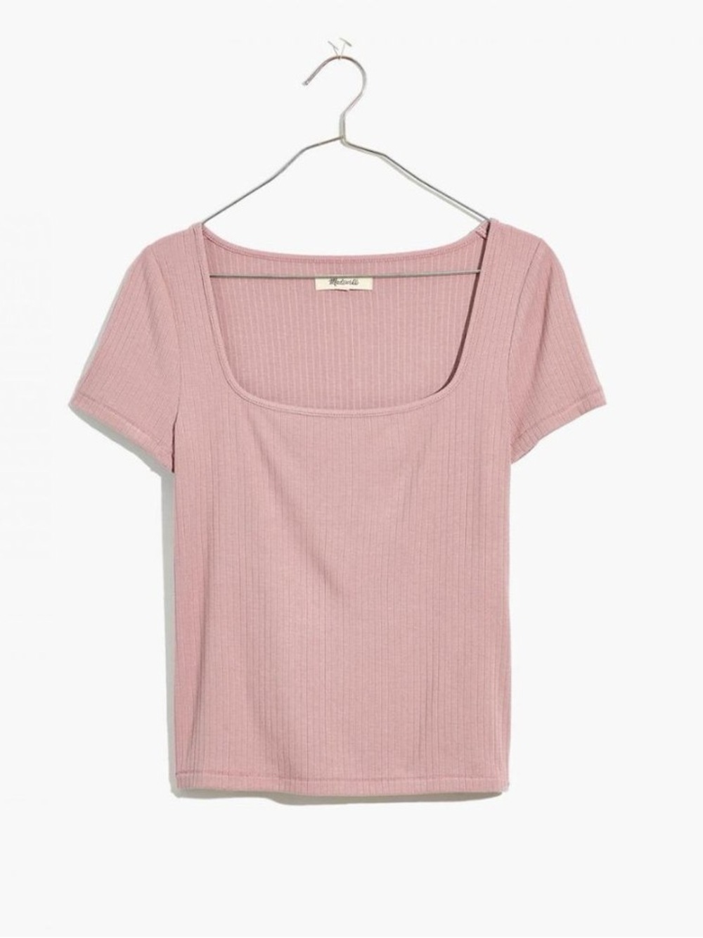 Madewell Pale Pink Ribbed Square Neck Crop Tee Top - Size L